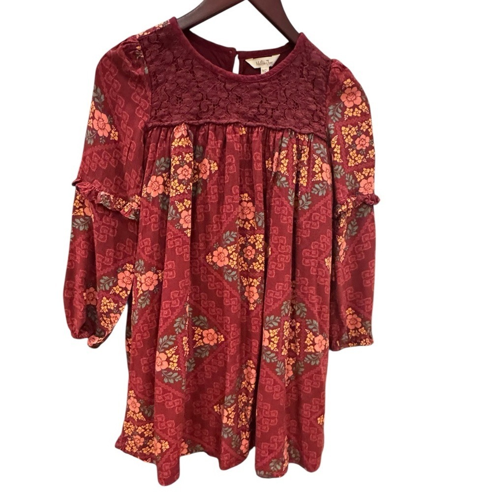 Matilda Jane Girls Burgundy Floral Lace Yoke Long Sleeve Dress Size 14 - Picture 2 of 4